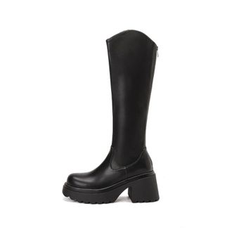 Generic Womens Knee-High PU Boots Round Toe Thick Platform Block Heels Side Zipper Stretch Fit Sleek Design Soft Lining Cushioned Insole Durable Non-Slip Outs