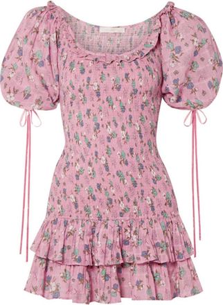 LoveShackFancy Violet Floral Printed Cotton Ruffled Mini Dress Size S