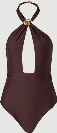 Karen Millen Womens Shell Hardware Halterneck Swimsuit - Chocolate Nylon - Size X-Small