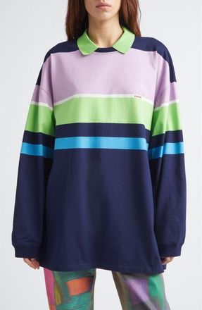 Versace Stripe Cotton Jersey Polo in Bright Pink Green Blue at Nordstrom, Size 42