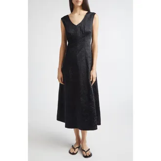 Nellie Partow Koda Crinkle Cotton Blend Midi Dress in Black at Nordstrom, Size 10