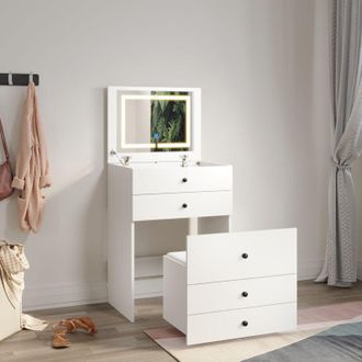 Elegant Lighting Elegant - Dressing Table with led Lights and Flip-up Mirror, Multi-scenario Vanity Makeup Table, White Cushioned Storage Stool included