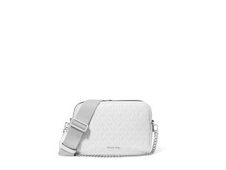 Michael Kors Bryant Medium Double Zip Chain Camera Crossbody Cross Body Womens Handbags Optic White/Aluminum, Leather/Polyester