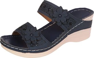 Generic Women Summer Floral Slip On Casual Open Toe Soft Sole Breathable Comfortable Slippers Sandals for Everyday Wear (Navy, 5.5)