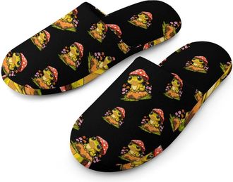 Generic Cute Frog Wearing Mushroom Hat Mens Cotton Slippers Memory Foam Comfort House Shoes Winter Indoor Slipper for Hotel Casa Spa