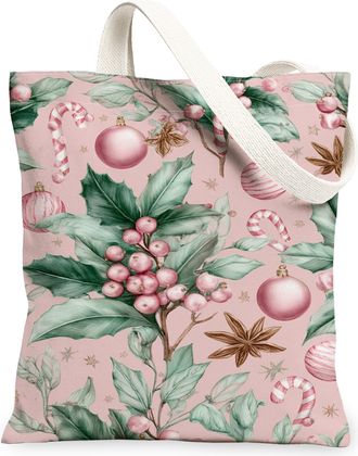 Generic Christmas Floral Canvas Tote Bags, Holly Berry Design Reusable Grocery Bags, Vintage Winter Lightweight Washable Shoulder S, Peach, 13x15 Inch