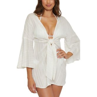 BECCA by Rebecca Virtue Radiance Metallic Stripe Long Sleeve Cover-Up Tunic in White at Nordstrom, Size Medium