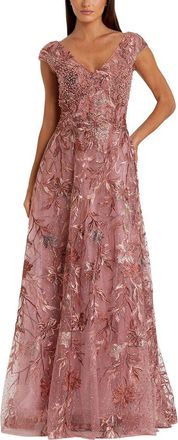 Mac Duggal Embroidered Illusion Cap Sleeve A-Line Gown