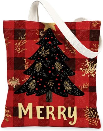 Generic Christmas Tree Canvas Tote Bags, Holiday Pattern Reusable Grocery Bags, Winter Rustic Lightweight Washable Shoulder Strap Canvas 13x15 Inch
