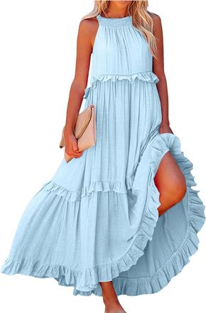 Generic Womens Summer Maxi Dresses Elegant Loose Sleeveless Vacation Dress Flowy Ruffle Boho Beach Party Long Dresses
