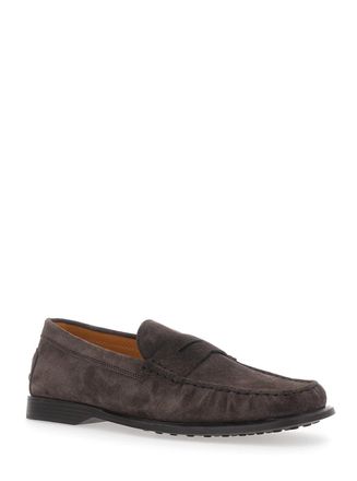 Tod's Mens Loafers With Pennyslot Suede Brown Calf Leather