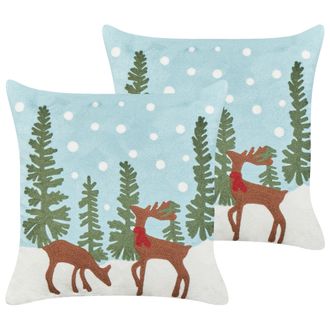 Beliani Beliani - Conjunto De 2 Cojines De Tela De Algod&oacute;n Con Motivo Navide&ntilde;o Renos Azul Claro 45 X 45 Cm Peppermint
