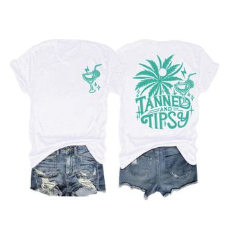 Generic Tanned and Tipsy Beach Summer Tops Coconut Tree Vacation Tops for Women V Neck T Shirts Women White