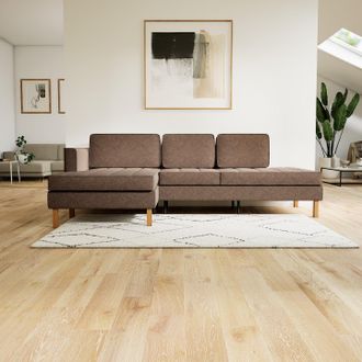 MYCS Elegantes, braungraues Ecksofa Lyvyn für das Wohnzimmer, 3-Sitzer, mit Holzbeinen, individuell anpassbar - komplett modular, 162 x 84 x 256 cm, konfig