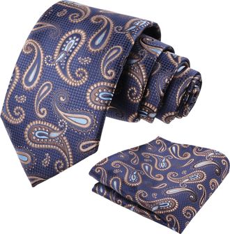 Alizeal Mens Paisley Jacquard Necktie and Hanky Set for Party Wedding Retro Tie and Pocket Square Set, Navy+Brown