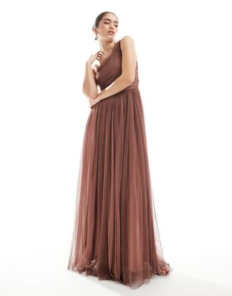 Lace & Beads Vestito lungo da damigelle donore in tulle monospalla marrone caldo