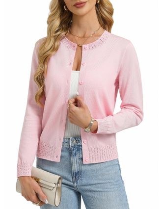 Grace Karin Womens Cardigans Long Sleeve, Rundhals Button Down Cardigans for Women UK, Business Casual Blazer Bolero Light Pink XXL