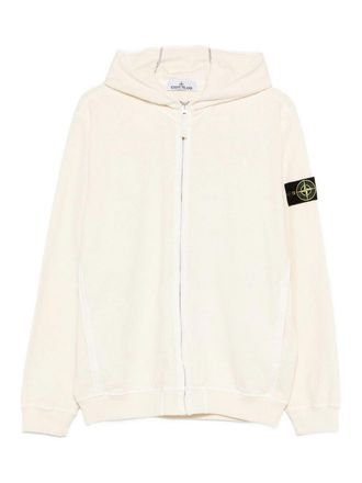 Stone Island Logo Patch Zip-Up Hoodie In Ivory Cotton