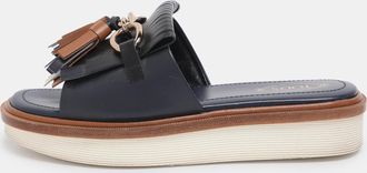 Tod's Tods Navy Blue Leather Tassel Fringe Detail Platform Slide Sandals