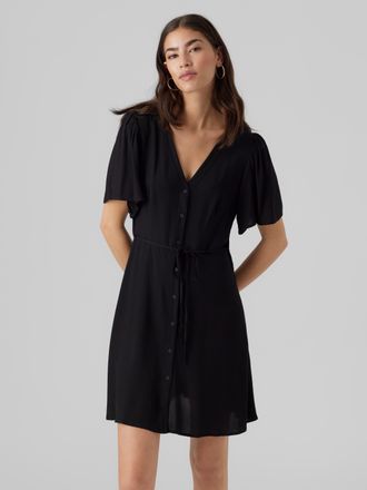 Vero Moda Minikleid VERO MODA VMALBA SS SHORT DRESS WVN NOOS, Damen, Gr. XL, N-Gr, schwarz, Web, Obermaterial: 100% Viskose, slim fit kurz, V-Ausschnitt, Kleide