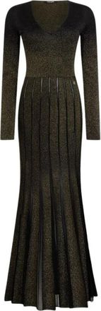 Roberto Cavalli Lange jurk met geplooide rok - Dames - Avondkleed - Zwart - L - Polyester - Kleedjes