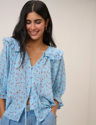 Nobody's Child Blue Floral Frill Blouse