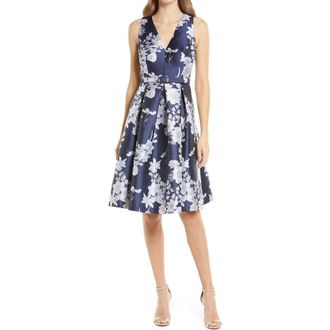 Eliza J Floral Satin Fit & Flare Dress in Navy at Nordstrom Rack, Size 10