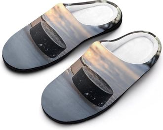 Generic Hockey Puck And Stick Sliding Across The Ice Womens Slippers Warm House Slippers Indoor House Shoes with Anti-Skid Rubber Sole