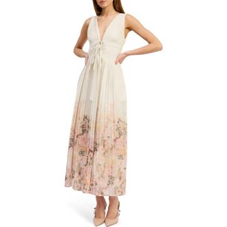 En Saison Pleated Tie Front Maxi Dress in Ivory Blush Orchid at Nordstrom, Size X-Small
