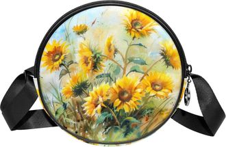 Generic Circle Crossbody Bag for Women, Watercolor Sunflowers Small Sling Bag Daypack with Zipper Adjustable Shoulder Straps Casual Ladies Girls Round Purse