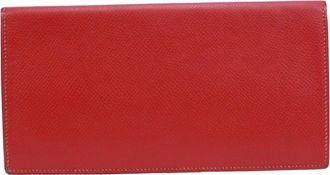 Herm&egrave;s Red Color Courchevel Leather Long Wallet (Bi-Fold) (Pre-Owned)