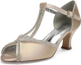 Generic Wedding Bridal Shoes Womens Low Kitten Heel Peep Open Toe Ankle Strap Sandals Buckle Office Summer Dress Low Heels 6.5Cm,Champagne,6 UK