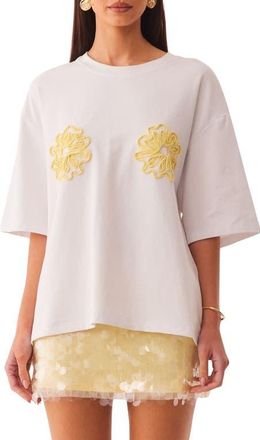 SNDYS Mai Tai Cord Embellished Floral Stretch Cotton T-Shirt in Yellow Floral at Nordstrom, Size X-Small
