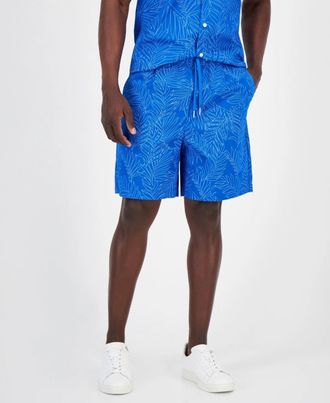 A|X Armani Exchange Shorts Mens Blue Palm Print Cotton Drawstring Waist UPS1048