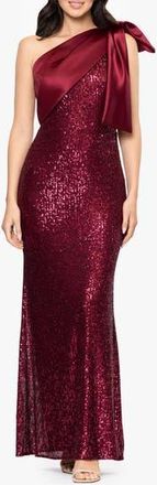 Betsy & Adam Sequin Bow One-Shoulder Column Gown in Burgundy at Nordstrom Rack, Size 12