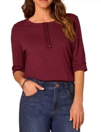 Democracy Henley Crochet Knit Top With Elbow Roll Cuff In Plum