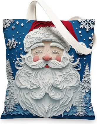 Generic Paper Cut Craft Christmas Santa Claus Canvas Tote Bag for Shopping 13x15, Fun Xmas Snowflake Reusable Grocery Print Bag for Women, New Year Beach Aest