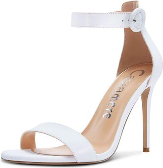 Castamere Womens High Heels Peep-Toe Ankle-Strap Sandals Stilettos 3.9IN Heel White Satin Shoes UK 9.5