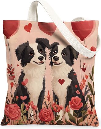 Generic Valentines Day Border Collie Dog Canvas Tote Bag for Shopping 13x15, Fun Couple Puppy Reusable Grocery Print Pattern Bag for Women, Lover Beach Aesthe