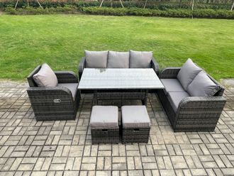 Fimous 8 Seater Rattan Garden Furniture Set with Patio Sofa Rectangular Dining Table 2 Small Footstools Indoor Conservatory Patio Set in Dark Grey