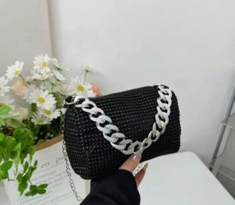 Generic Womens Rhinestone clutch bag with chain (Silver)