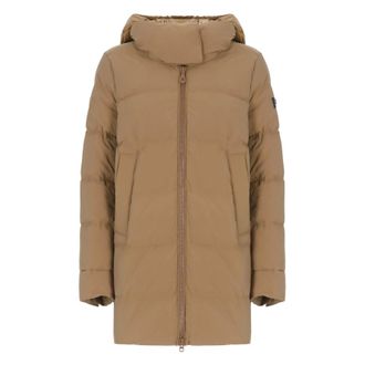 Peuterey Jassen, Dames, Bruin, S, Polyester, Donzen Jas met Contrasterende Capuchon