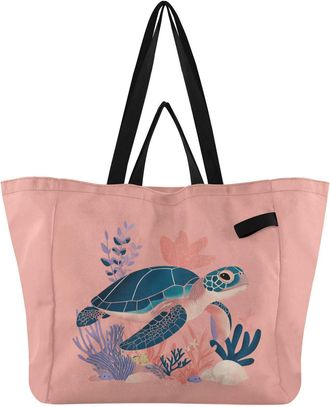 Generic Turtle Blue pattern Reusable Canvas Tote Bag, Heavy Duty Grocery Shopping Bag with Hard Bottom Double Handles Large Capacity Work Groceries Travel
