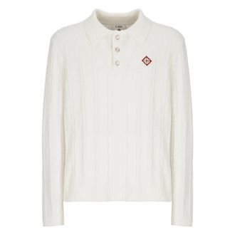 Casablanca Tennis Boucl&eacute; Long Sleeve Polo - Heren - Ronde hals truien - Wit - L - Katoen - Truien & Vesten