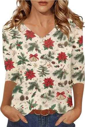 Generic Ladies Christmas Blouses Oversized Womens 3/4 Sleeve V Neck Pullover Fashion Xmas Graphic Tees Autumn Winter Lightweight Daily Wear Tops Tunic Lounge 