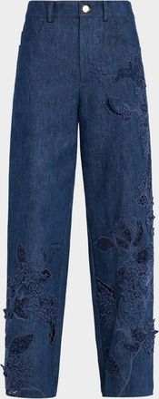 Oscar De La Renta Porcelain Flowers Embroidered Denim Straight-Leg Jeans