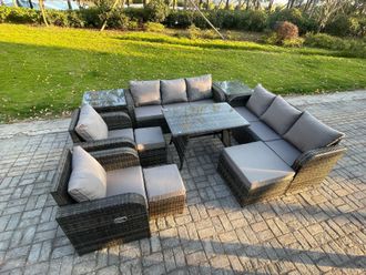 Fimous 11 Seater Rattan Outdoor Garden Furniture Sofa Set Patio Table & Chairs Set with 3 Seater Sofa Rectangular Dining Table 3 Footstool