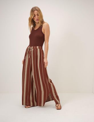 Nobody's Child Brown Striped Linen-Blend Split Hem Trousers