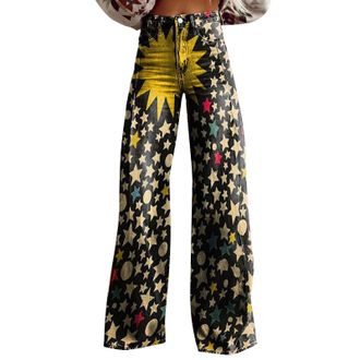 Generic Jeans Womens Vintage Flower Print Casual Wide Leg Pants Denim Palazzo Trousers for Women Loose Fit Summer Trousers with Pockets Stretchy Baggy Trouser