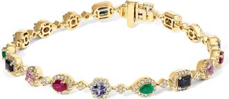 House of Brilliance 14K Yellow Gold Multi-Gemstone and Diamond Halo Rainbow Link Bracelet